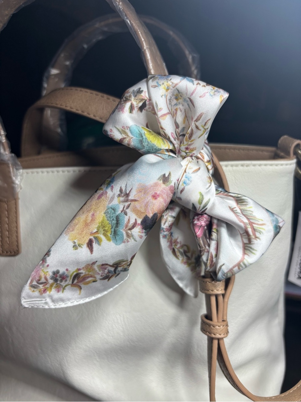 New Floral Satin Scarf Twilly Purse Bag in Cream 20” Square